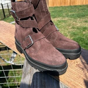 Bernardo Brown Suede Buckle Moto Platform Ankle Booties